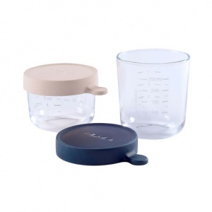Beaba 2 Leak Proof Glass Food Jars - Perfect for Weaning & Batch Cooking - Dark Blue/Pink
