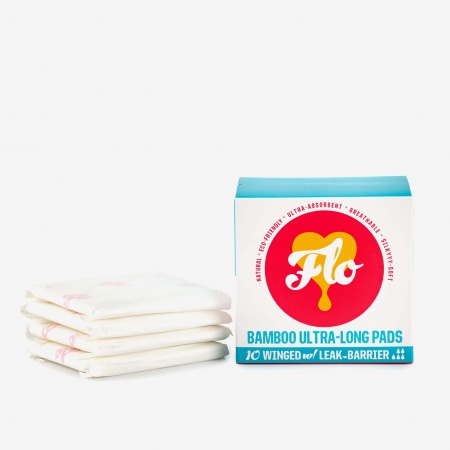 Flo Natural Organic Bamboo Pads - Plastic Free - Ultra Long Winged Leak Barrier 10s
