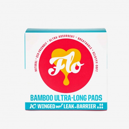 Flo Natural Organic Bamboo Pads - Plastic Free - Ultra Long Winged Leak Barrier 10s