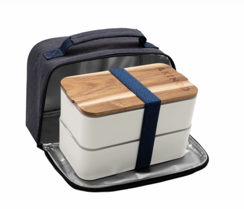 Akinod Double Bento Lunchbox with Insulated Recycled Plastic Tote - White/Blue Jeans