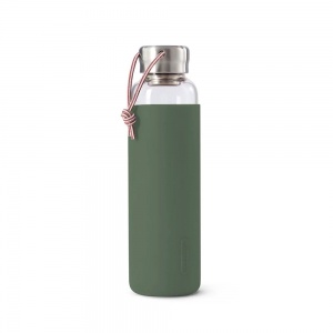 Black and Blum Glass Water Bottle with Steel Cap - Non Slip & Leakproof - 600ml - Olive