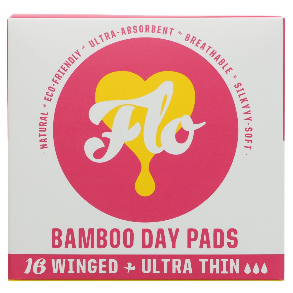 Flo Natural Bamboo Day Time Pads - Plastic Free - Winged and Ultra Thin 16s