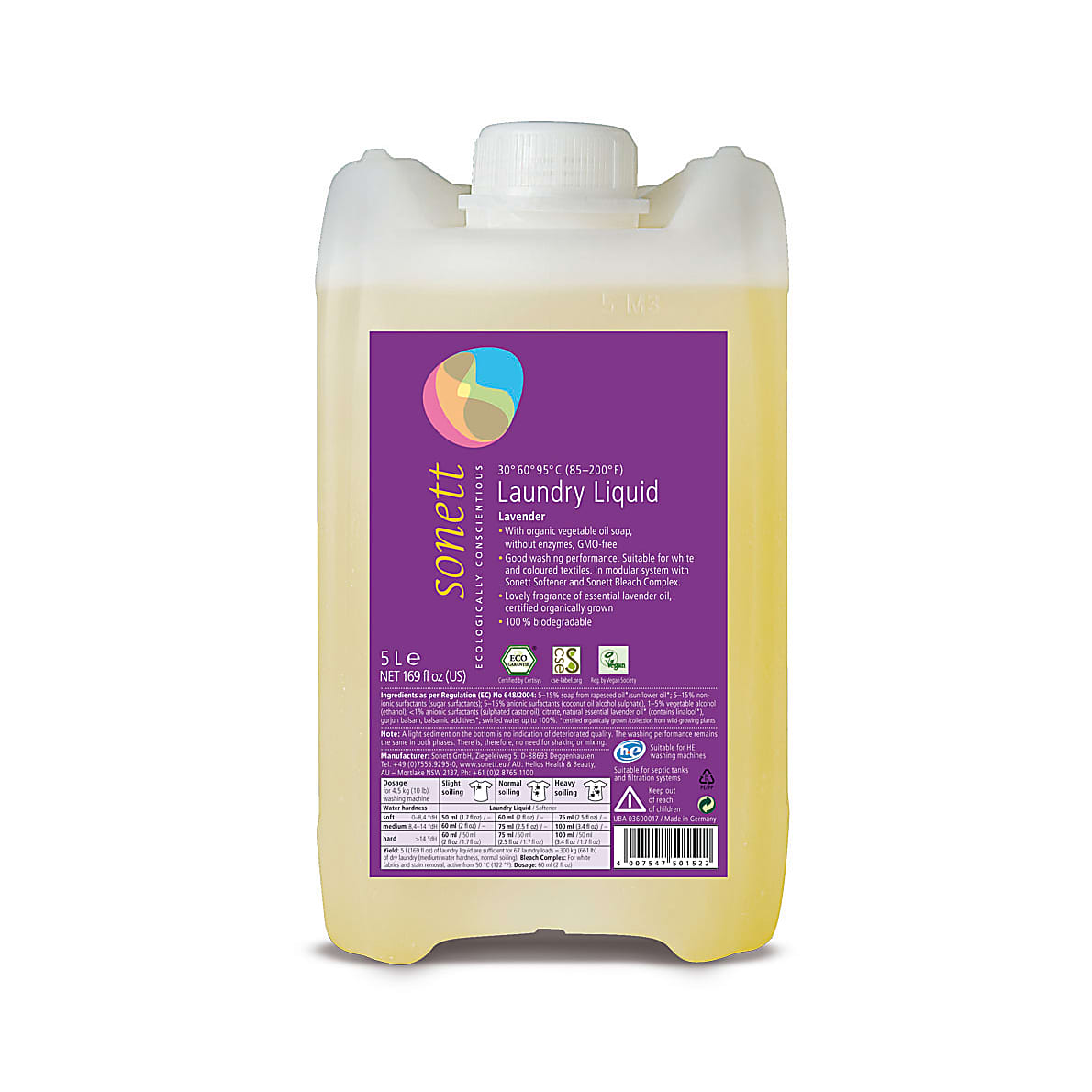 Sonett Laundry Liquid Lavender - Washes Coloured and Whites Gently & Efficiently 5 Ltr Refill