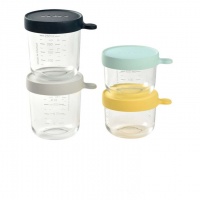 Beaba 4 Leak Proof Glass Food Jars - Perfect for Weaning & Batch Cooking - Yellow/Blues