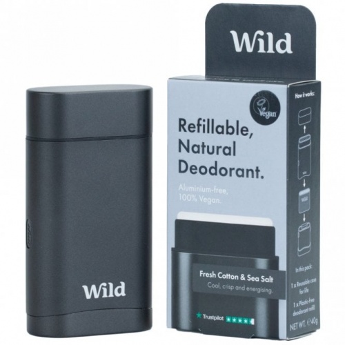 Wild Refillable Natural Aluminium Free Deodorant  - Black Case with Fresh Cotton & Seasalt