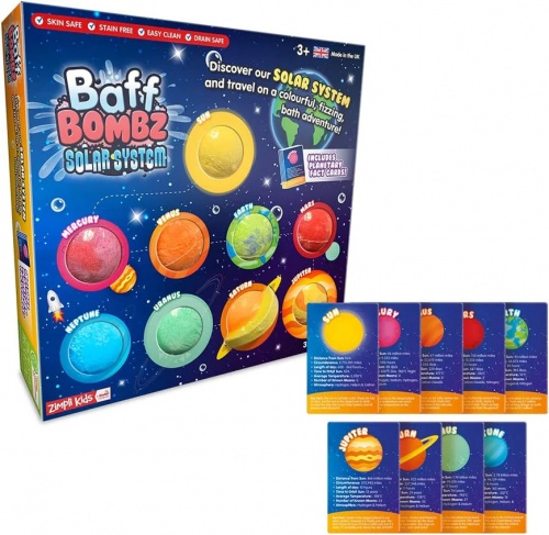 Zimpli Kids Baff Bombz - Eco Bath Bomb Fun - Skin Safe - Biodegradable - Planets (Set of 9)
